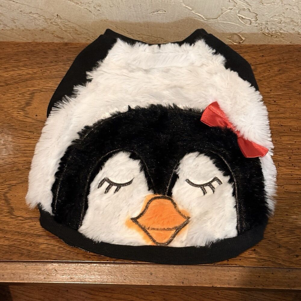 Dog Shirt-Black Penguin Fuzzy with Red Bow size Medium